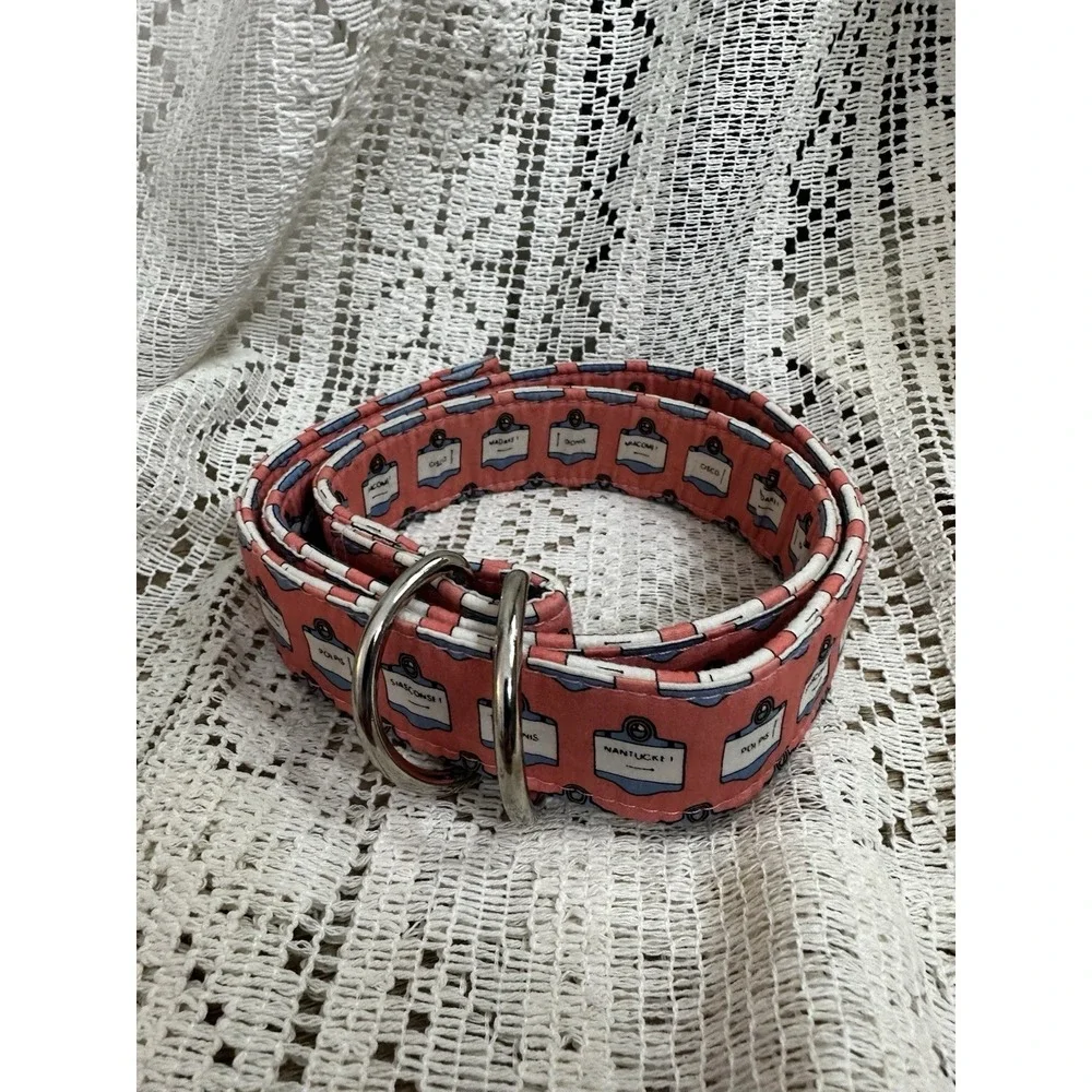 Vineyard Vines Martha's Vineyard Signs D-Ring Belt Mens Medium Pink Preppy Coast
